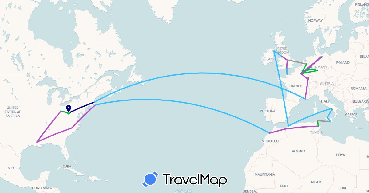 TravelMap itinerary: driving, bus, plane, train, hiking, boat in Belgium, Germany, Algeria, France, United Kingdom, Italy, Morocco, Netherlands, Tunisia, United States (Africa, Europe, North America)